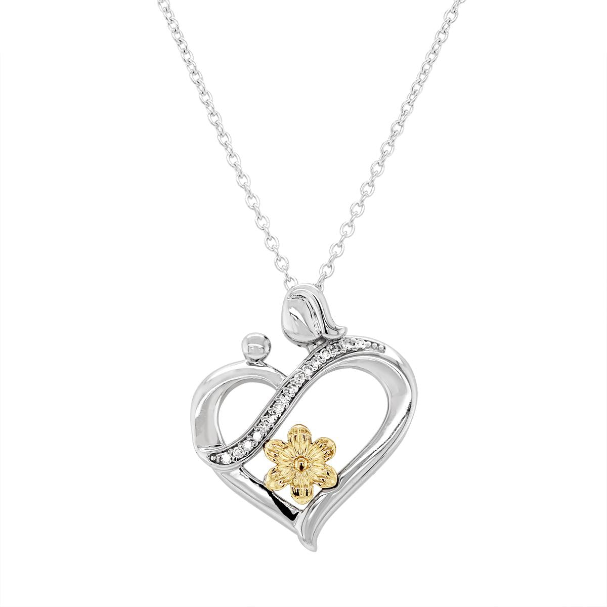 GOLD PLATED SILVER HEART AND FLOWER PEDAL PENDANT, .05 CT TW