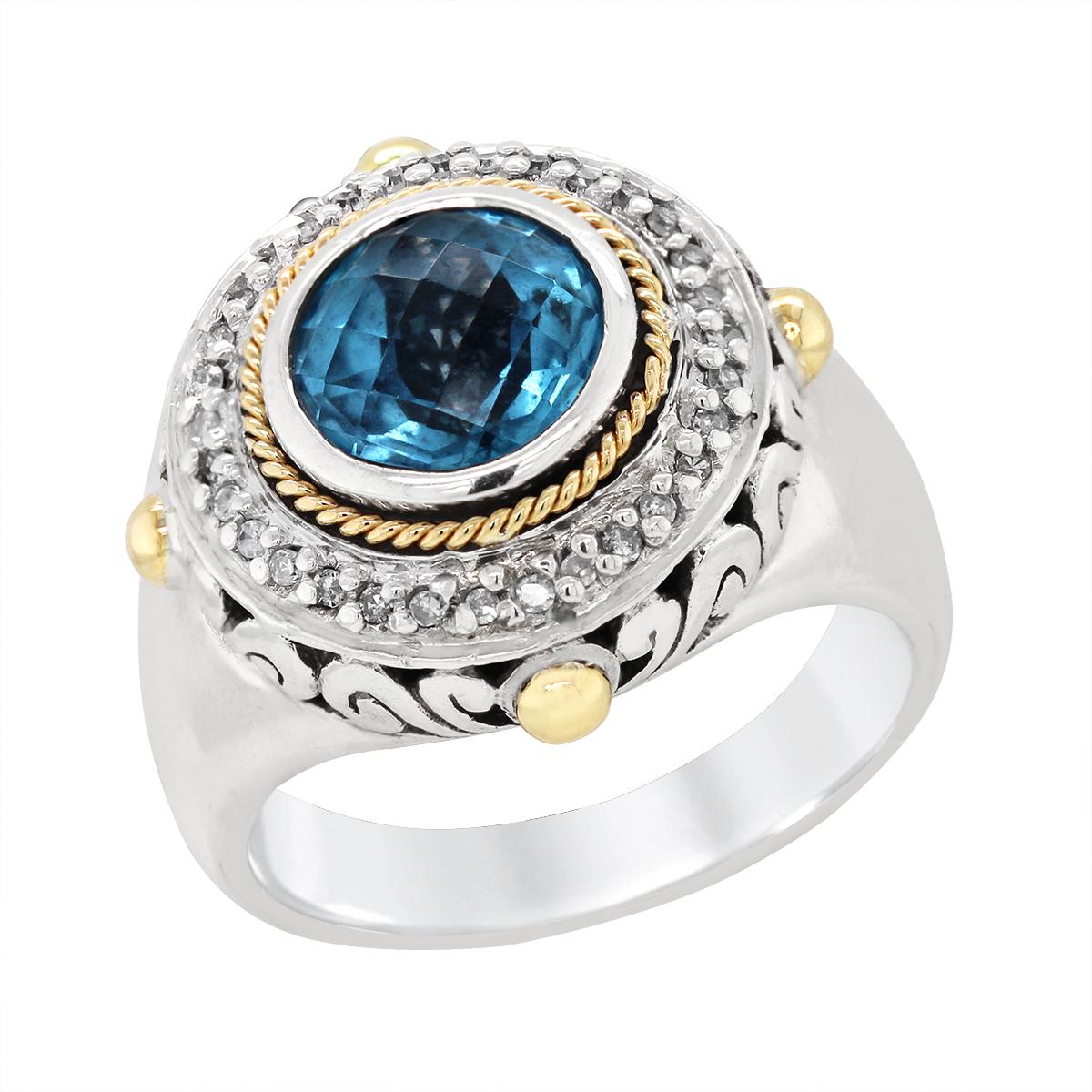 SILVER AND GOLD BLUE TOPAZ RING WITH DIAMONDS, 1/7 CT TW