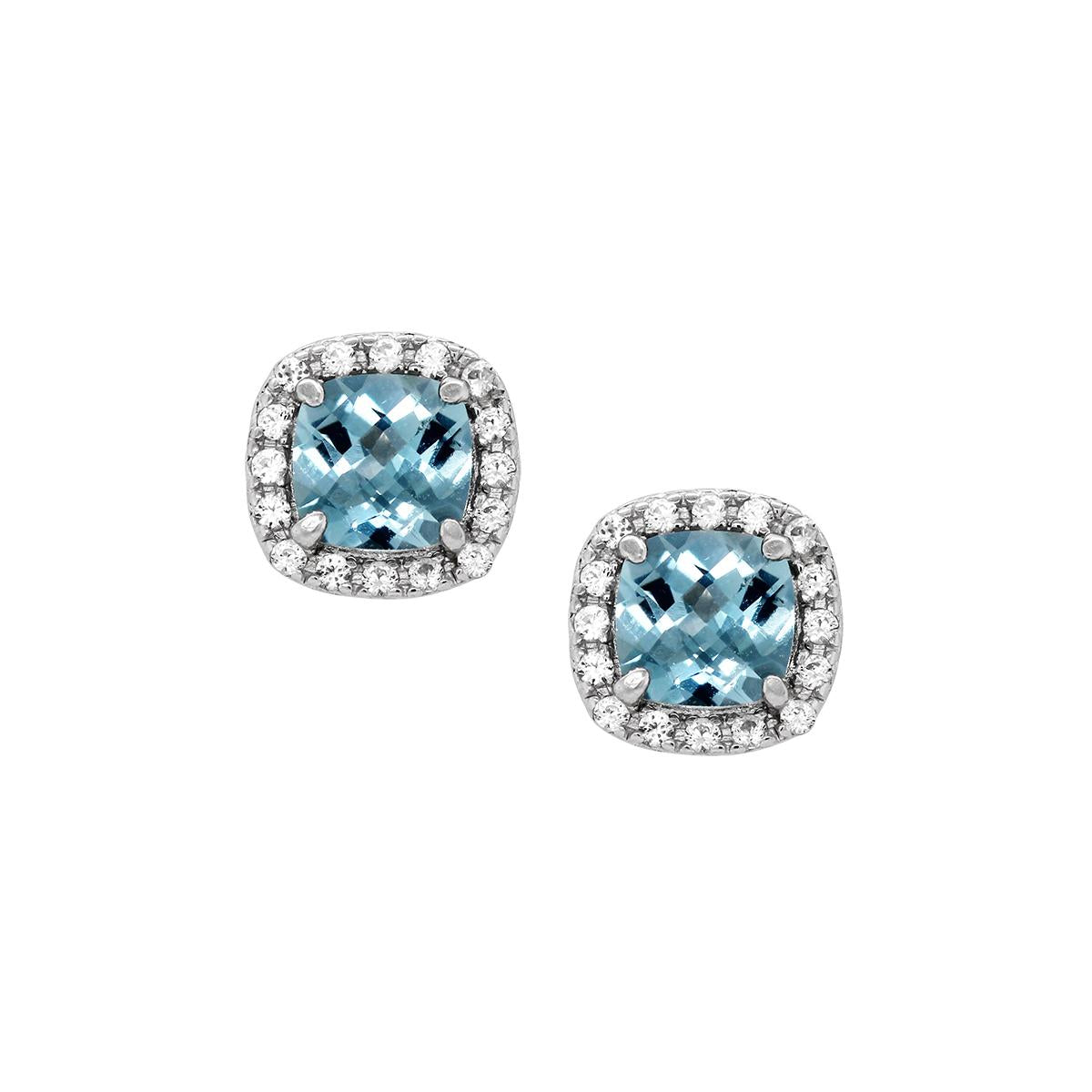 STERLING SILVER CUSHION LAB GROWN AQUA SPINEL STUD EARRINGS

