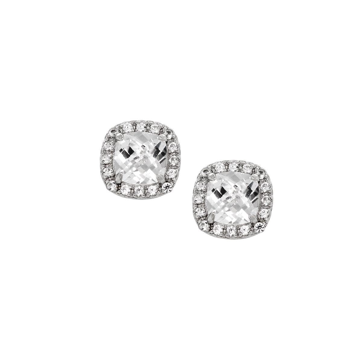 STERLING SILVER LAB GROWN CUSHION WHITE SAPPHIRE STUD EARRINGS