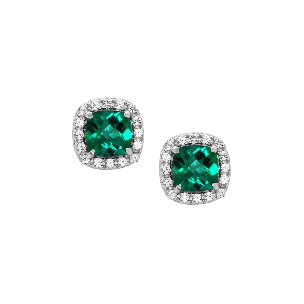 STERLING SILVER CUSHION LAB GROWN EMERALD STUD EARRINGS
