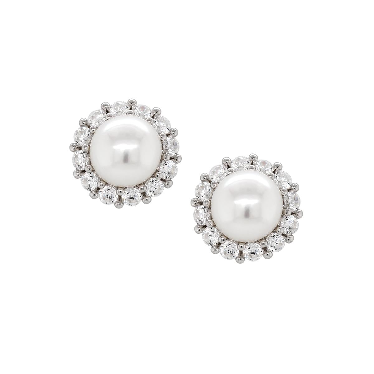 STERLING SILVER PEARL AND LAB WHITE SAPPHIRE STUD EARRINGS
