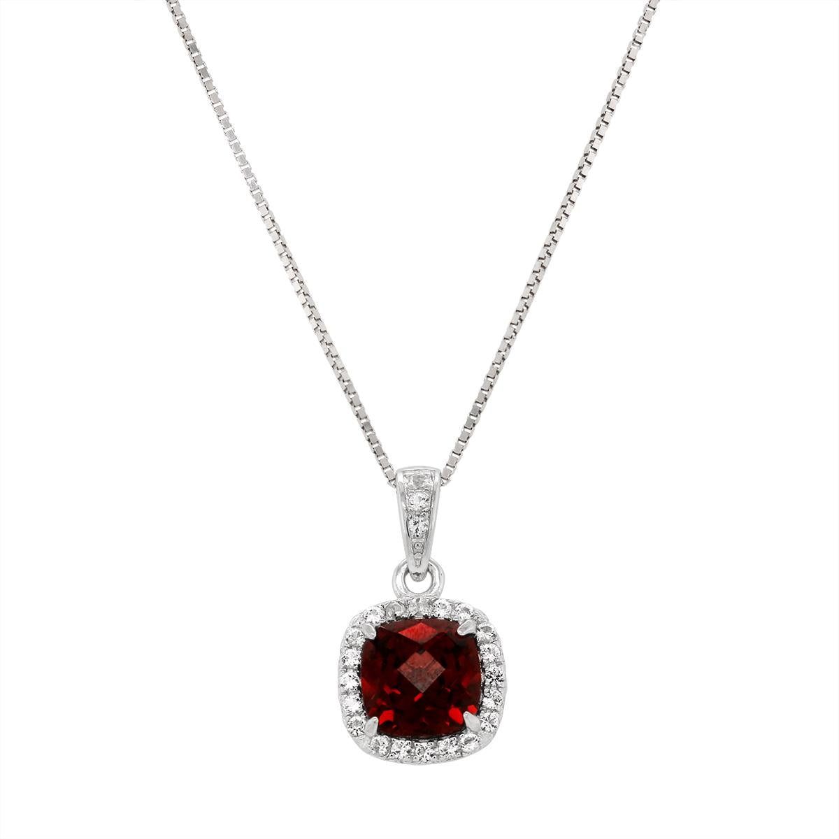 STERLING SILVER CUSHION GARNET HALO STYLE PENDANT NECKLACE