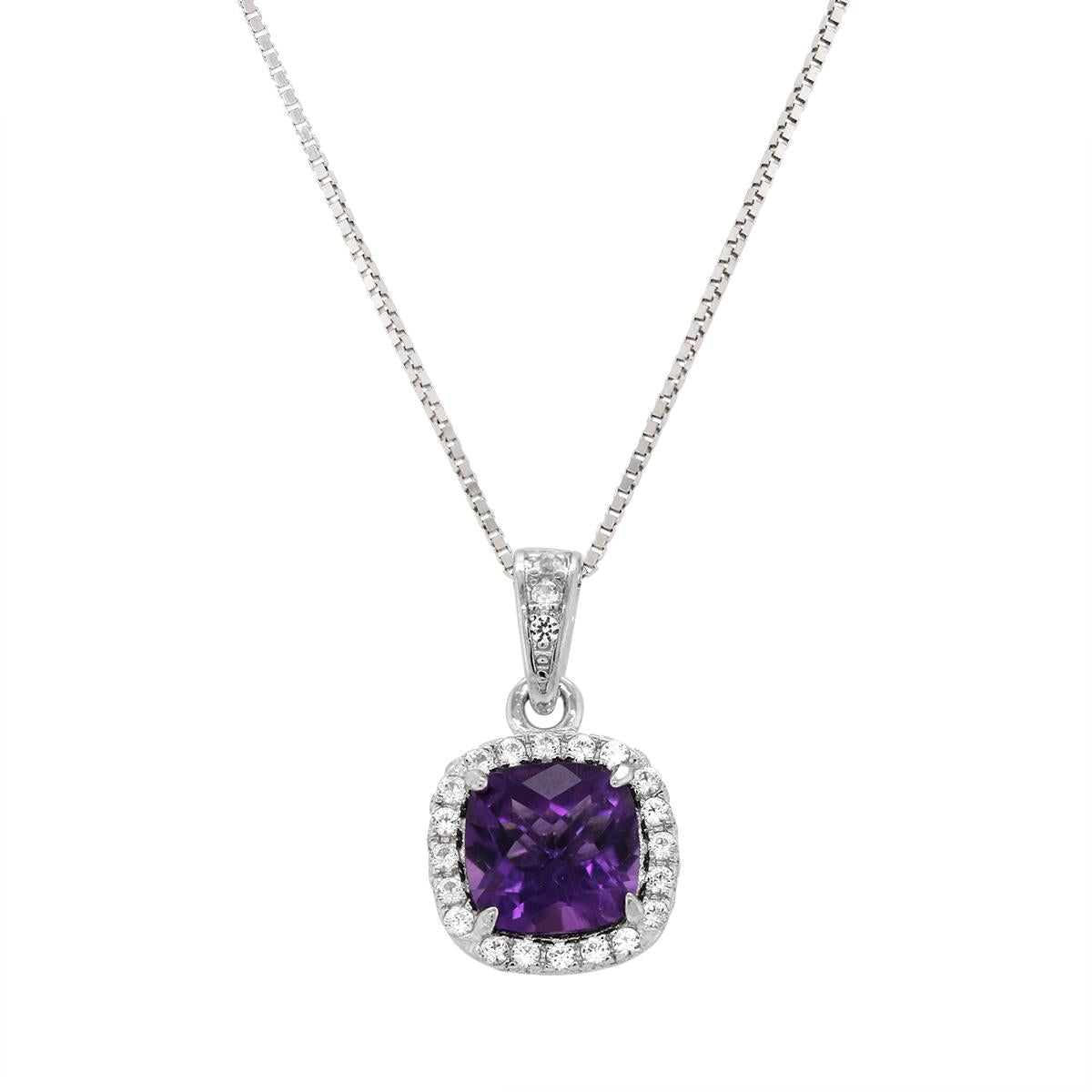 STERLING SILVER CUSHION AMETHYST HALO STYLE PENDANT NECKLACE