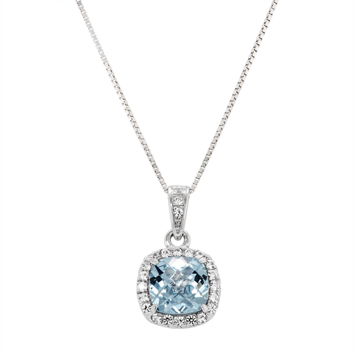 STERLING SILVER LAB GROWN AQUA SPINEL HALO STYLE PENDANT NECKLACE

