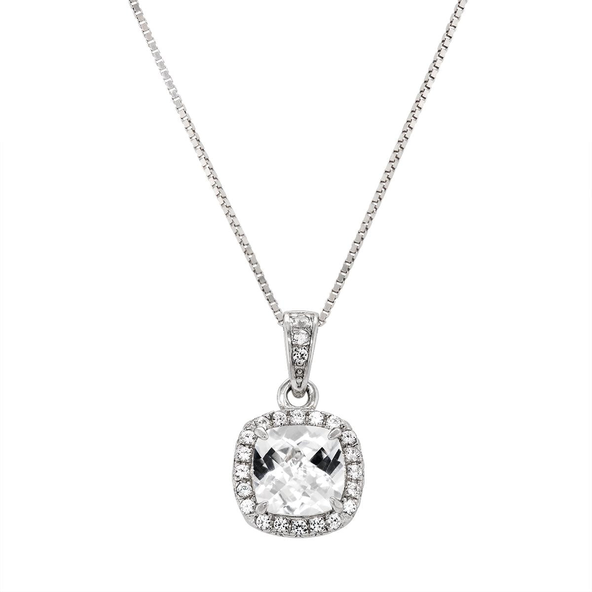 STERLING SILVER LAB GROWN CUSHION WHITE SAPPHIRE PENDANT NECKLACE