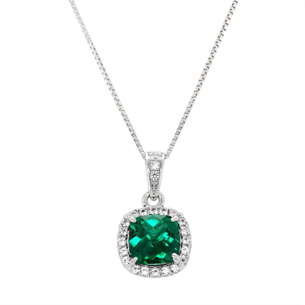 STERLING SILVER LAB GROWN CUSHION EMERALD HALO STYLE PENDANT NECKLACE