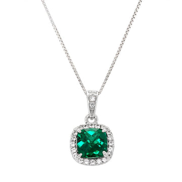 STERLING SILVER LAB GROWN CUSHION EMERALD HALO STYLE PENDANT NECKLACE