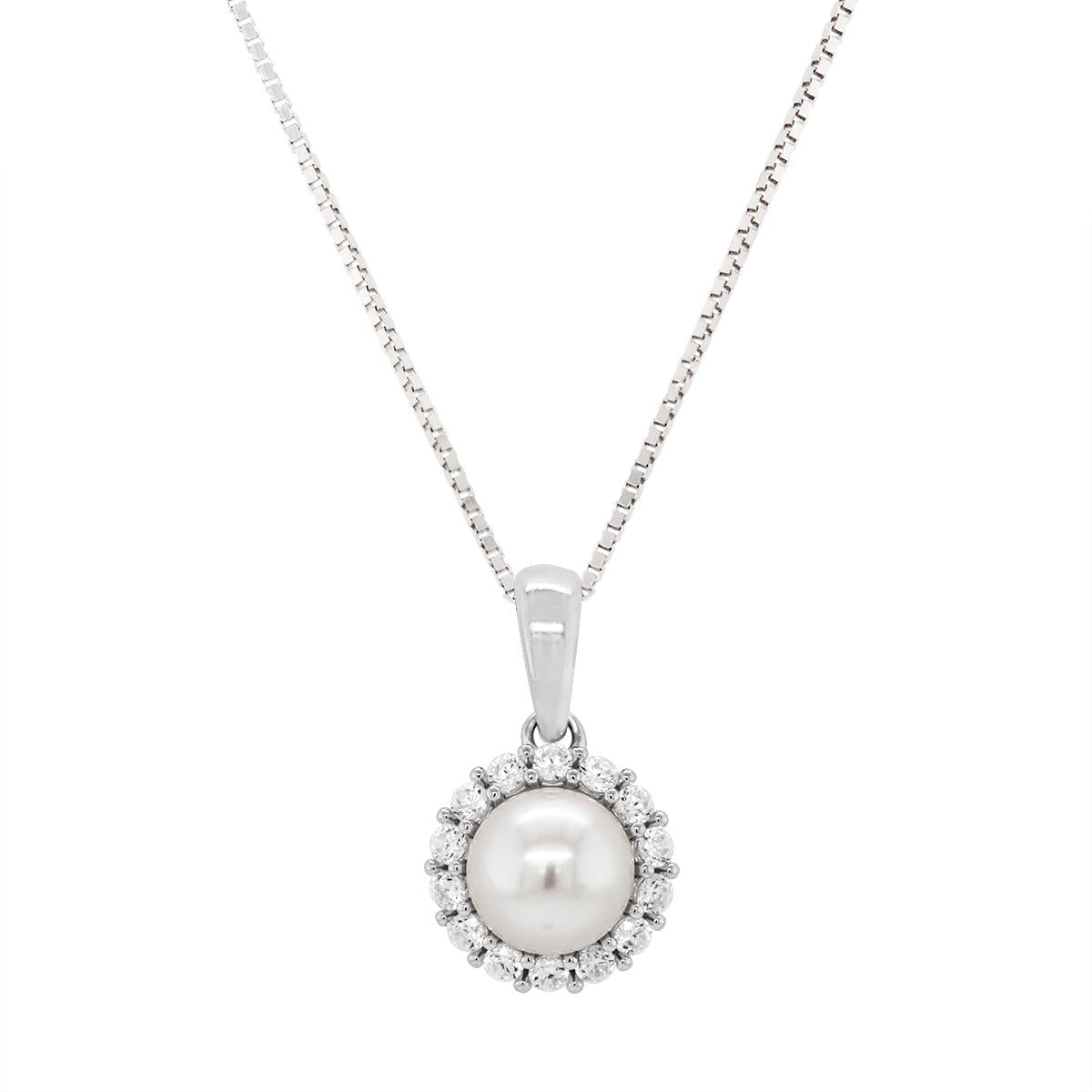 STERLING SILVER PEARL HALO STYLE PENDANT NECKLACE