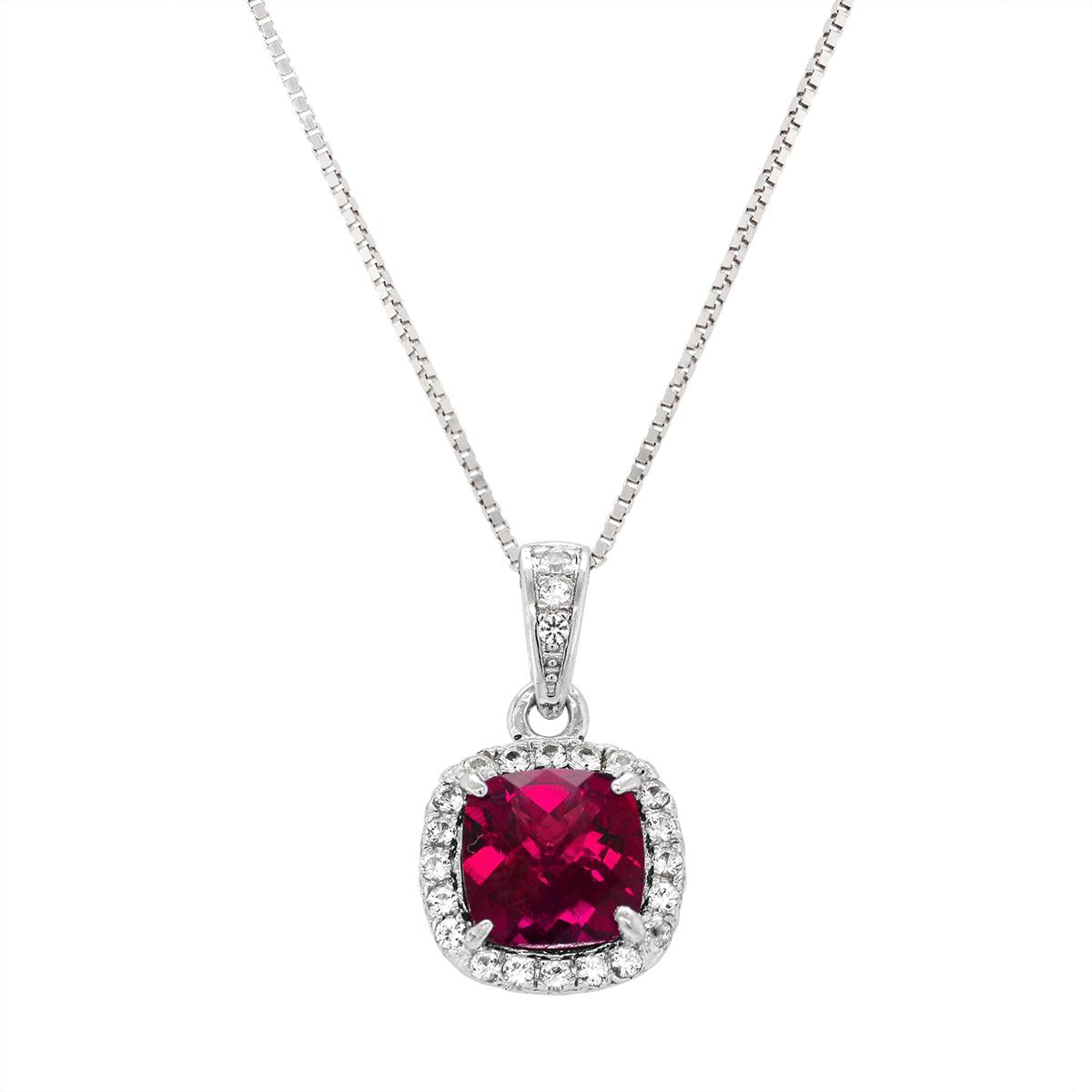 STERLING SILVER LAB GROWN CUSHION RUBY HALO STYLE PENDANT NECKLACE