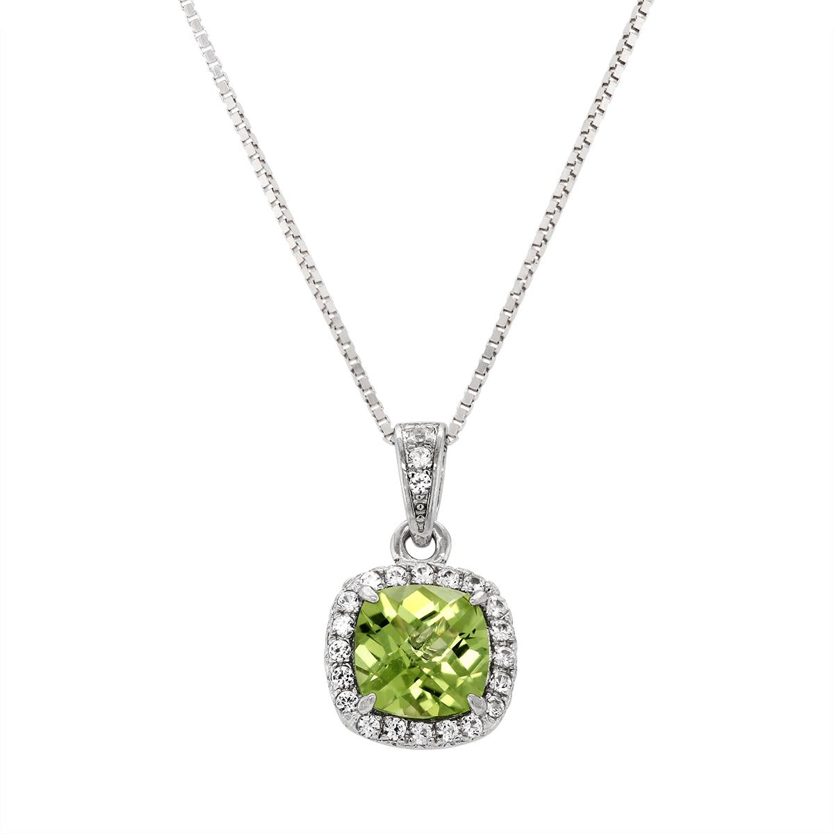 STERLING SILVER CUSHION PERIDOT HALO STYLE PENDANT NECKLACE