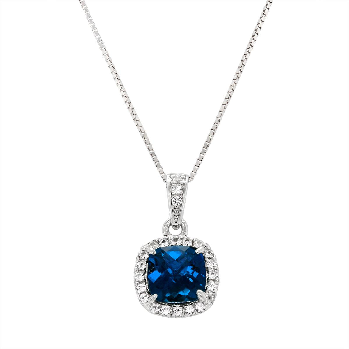 STERLING SILVER LAB GROWN CUSHION SAPPHIRE HALO STYLE PENDANT NECKLACE