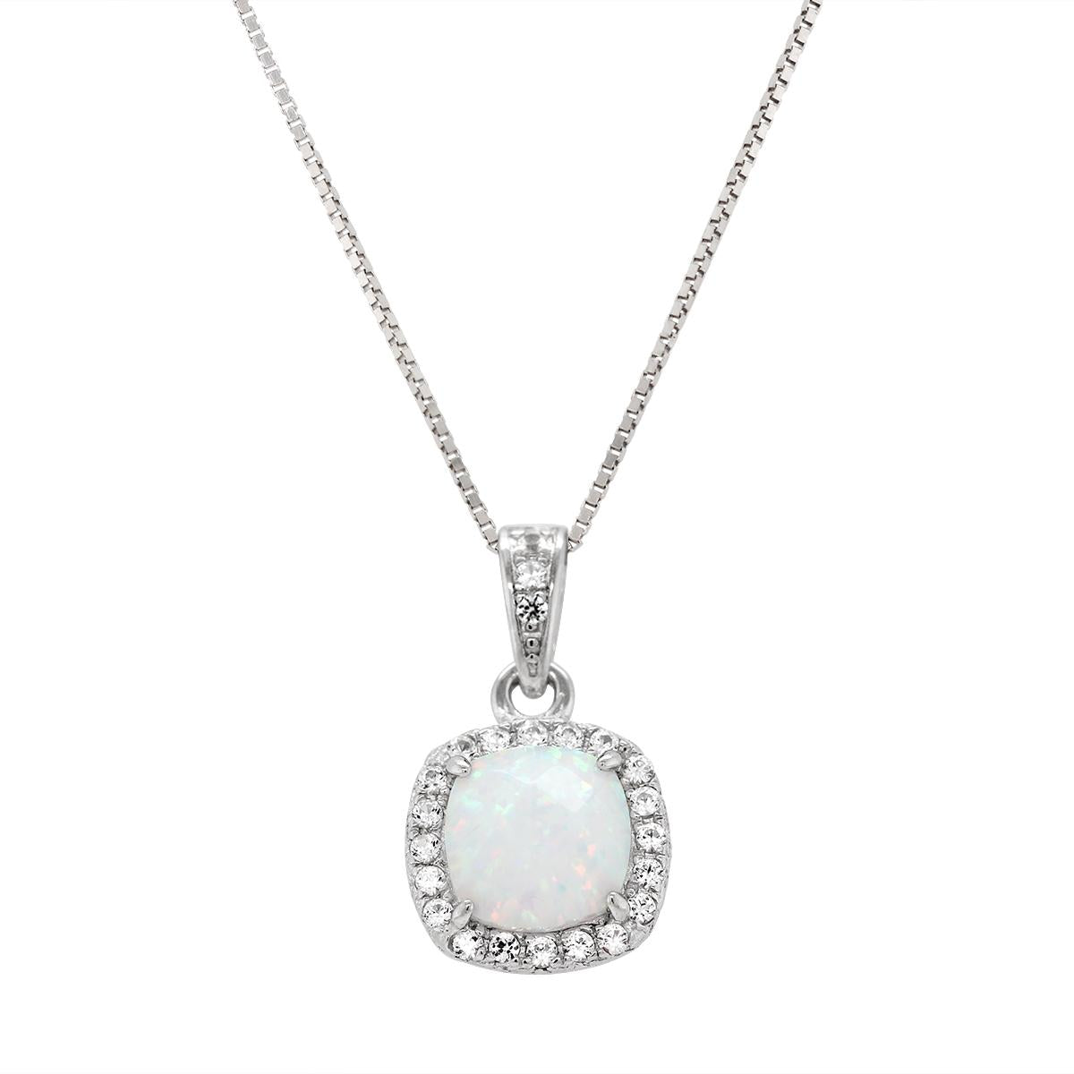 STERLING SILVER LAB GROWN CUSHION OPAL HALO STYLE PENDANT NECKLACE