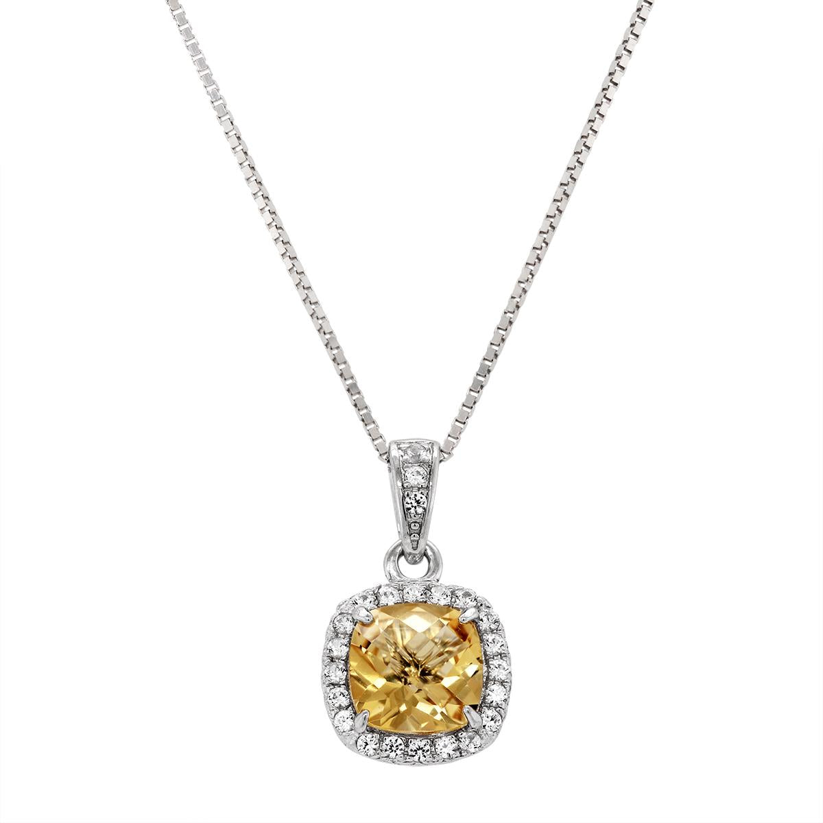 STERLING SILVER CUSHION CITRINE HALO STYLE PENDANT NECKLACE