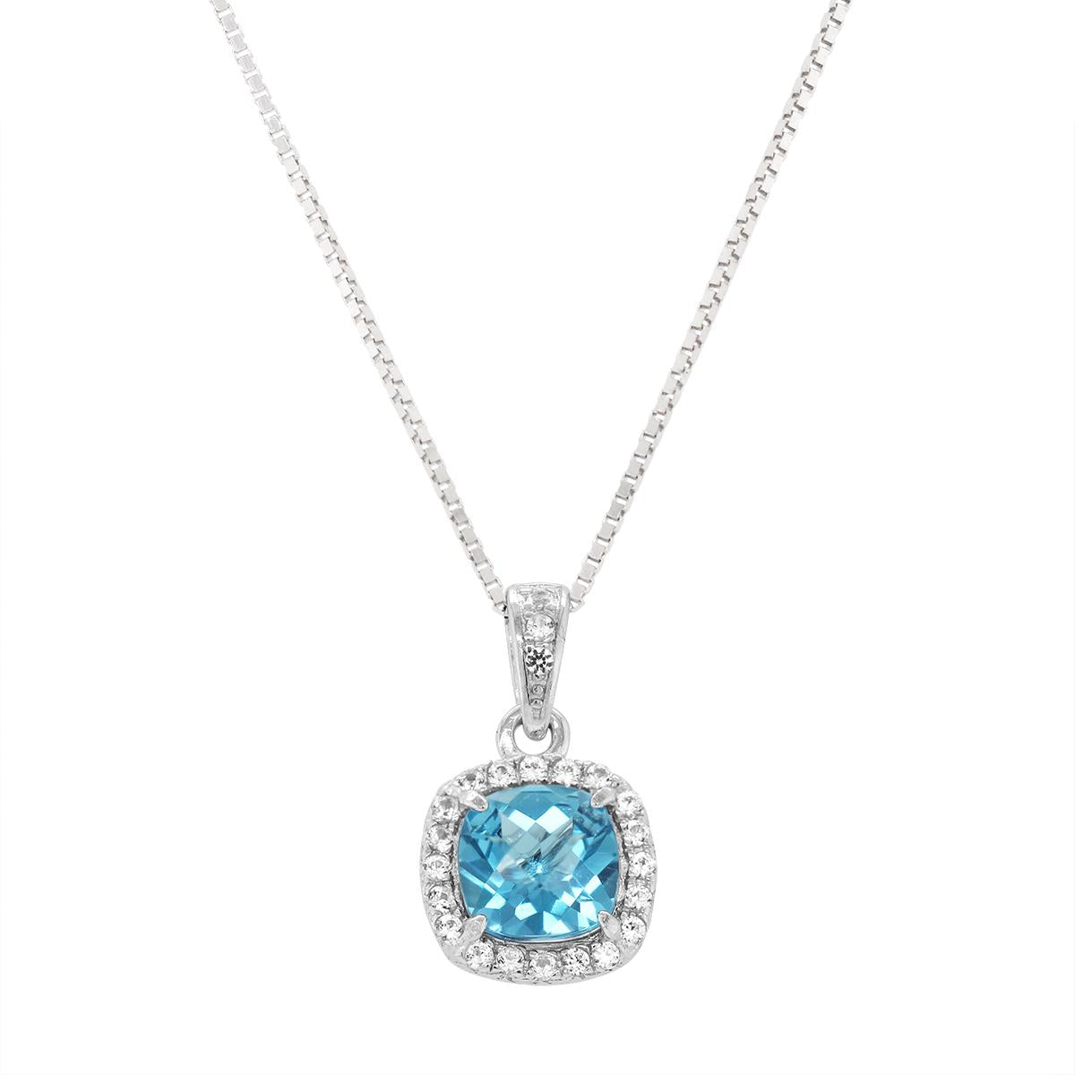 STERLING SILVER CUSHION BLUE TOPAZ HALO STYLE PENDANT NECKLACE