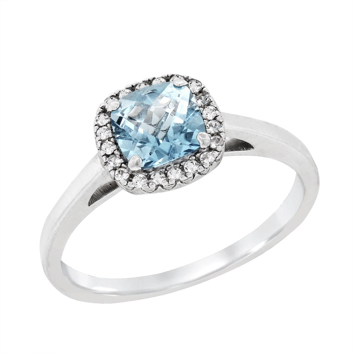 STERLING SILVER CUSHION LAB AQUA SPINEL HALO STYLE RING
