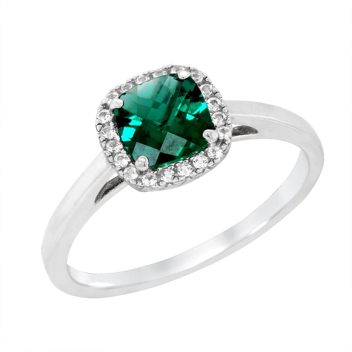 STERLING SILVER LAB GROWN CUSHION EMERALD HALO STYLE RING
