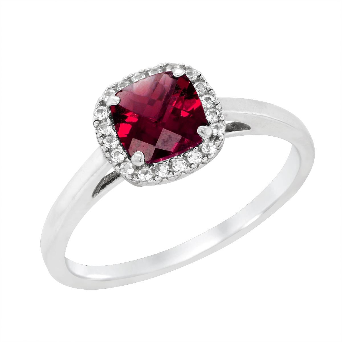 STERLING SILVER LAB GROWN CUSHION RUBY HALO STYLE RING