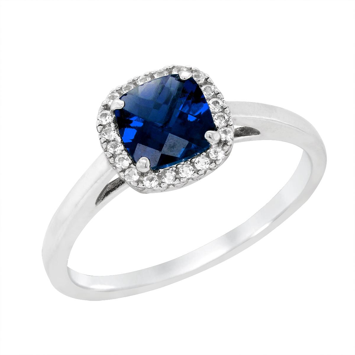 STERLING SILVER LAB GROWN CUSHION SAPPHIRE HALO STYLE RING