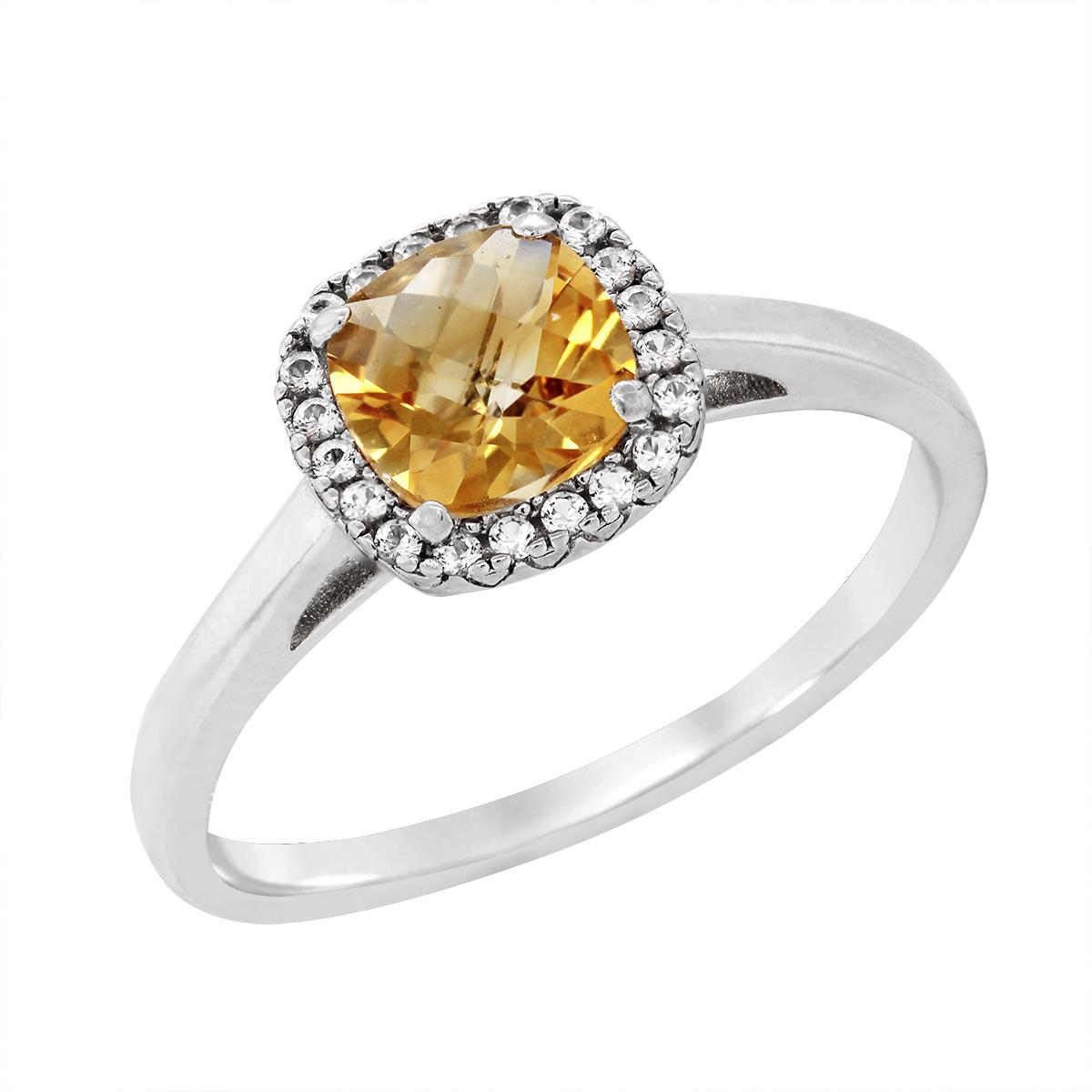 STERLING SILVER CUSHION CITRINE HALO STYLE RING
