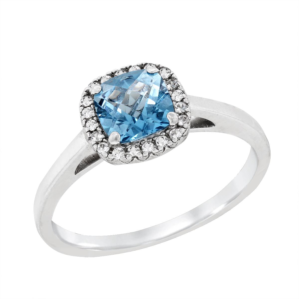 STERLING SILVER CUSHION BLUE TOPAZ HALO STYLE RING
