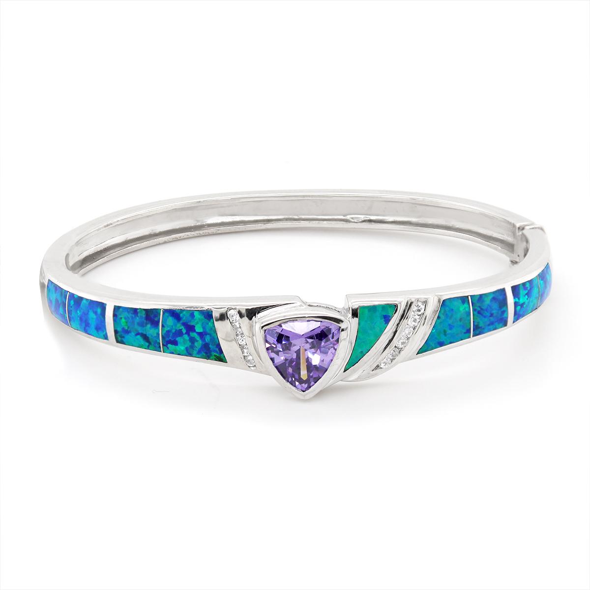 STERLING SILVER OPAL AND CUBIC ZIRCONIA BANGLE BRACELET