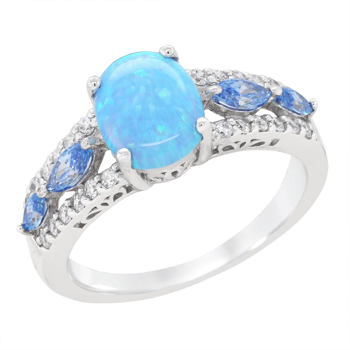 STERLING SILVER OPAL AND BLUE STONE RING