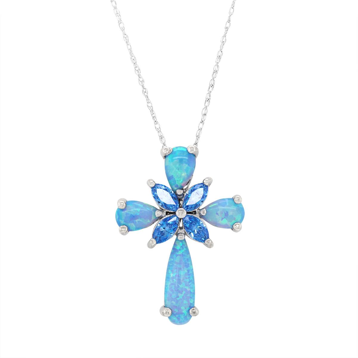 STERLING SILVER OPAL AND BLUE STONE CROSS PENDANT
