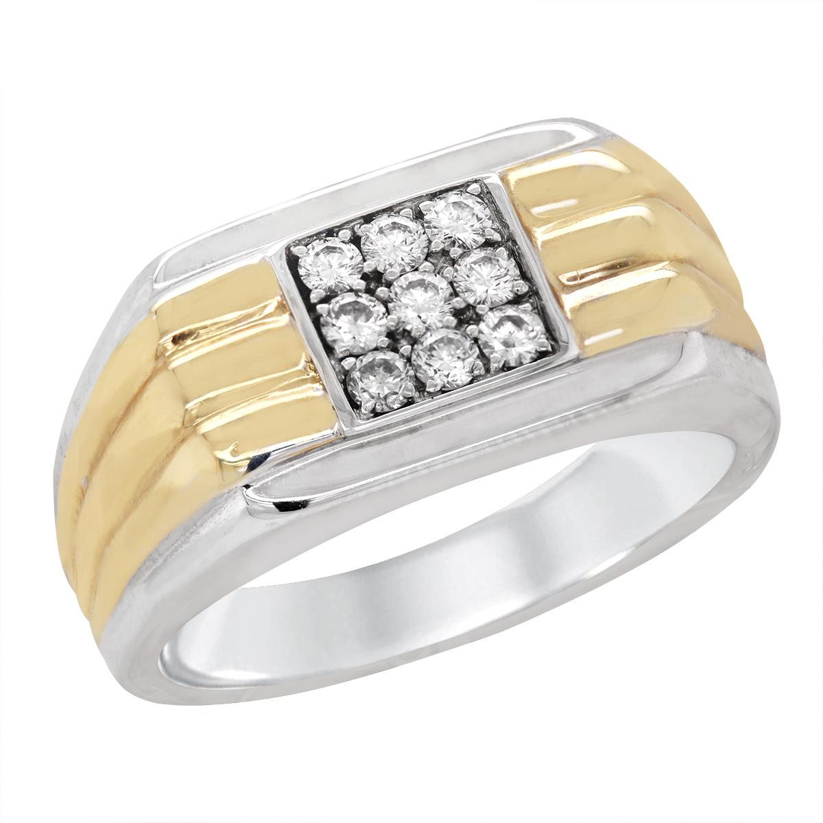 MEN&#39;S TWO-TONE GOLD RING WITH 9 DIAMOND CLUSTER, 1/2 CT TW