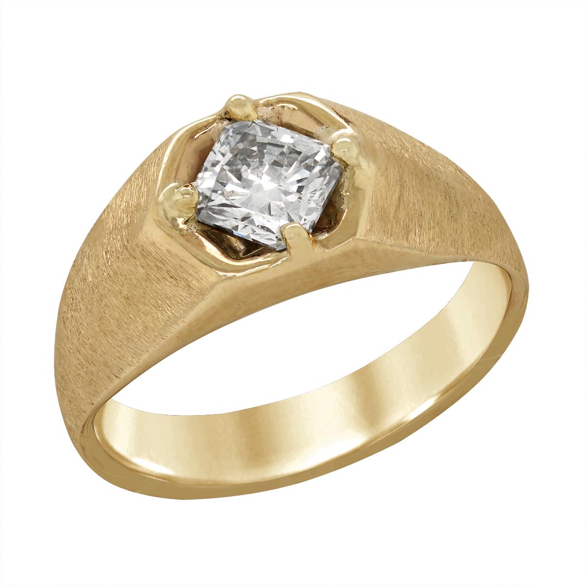 YELLOW GOLD MENS RING WITH TEXTURED FINISH AND PRINCESS CUT DIAMOND, 3/4 CT TW