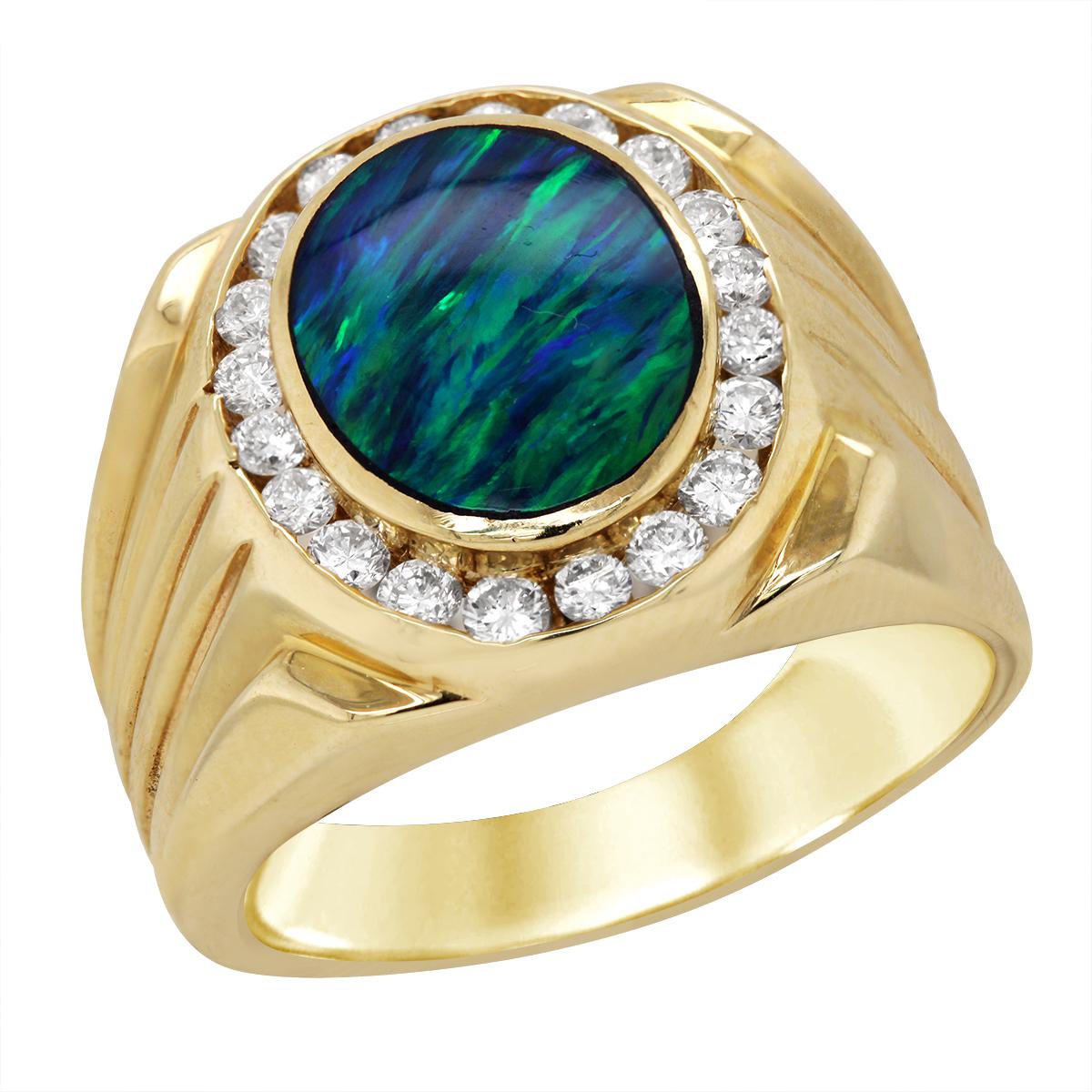 MEN&#39;S GOLD BOULDER OPAL AND DIAMOND RING, 1/2 CT TW