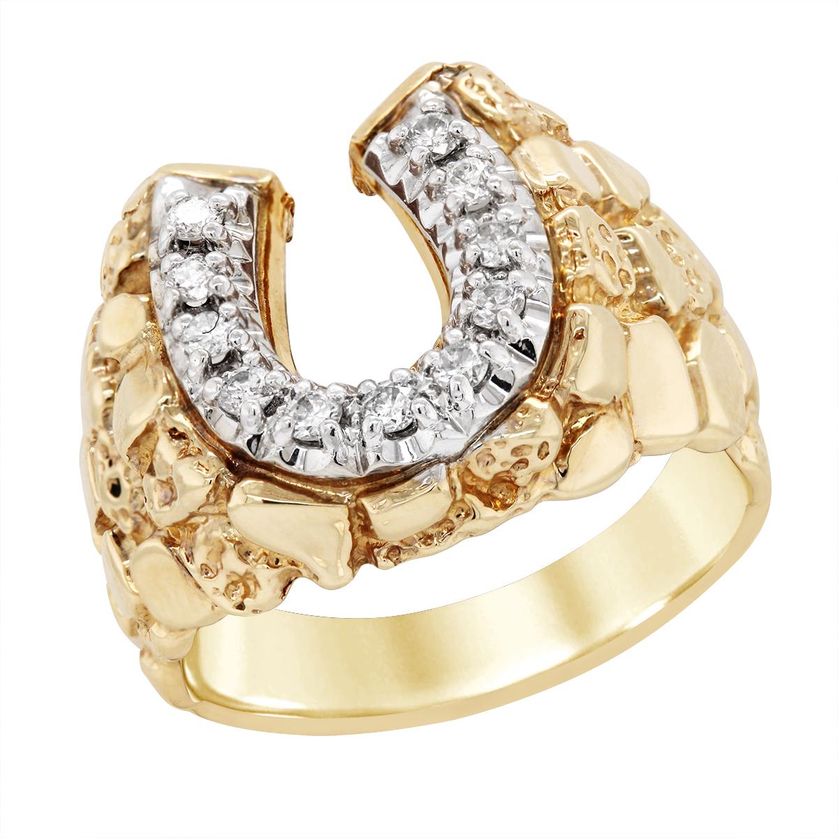 MEN'S YELLOW GOLD AND DIAMOND HORSESHOE RING, 1/4 CT TW