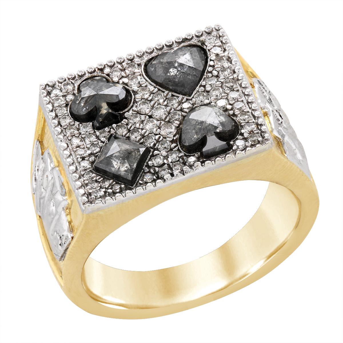 TWO-TONE GOLD SALT AND PEPPER DIAMOND CARD SUIT RING, 2.50 CT TW