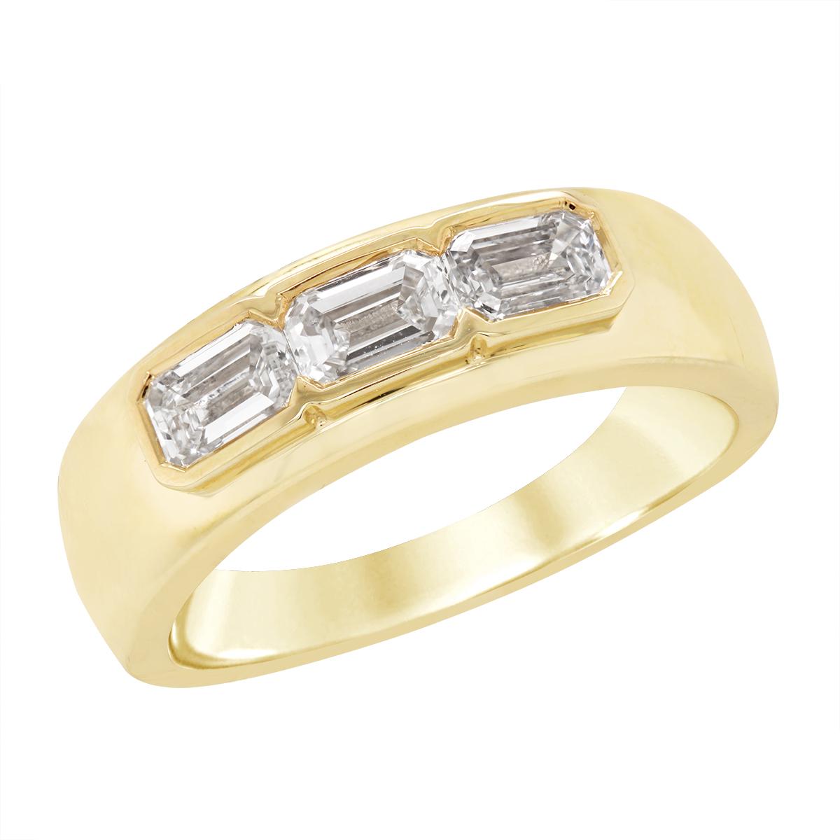 MEN'S GOLD RING WITH 3 LAB GROWN EMERALD CUT DIAMONDS, 1.55 CT TW