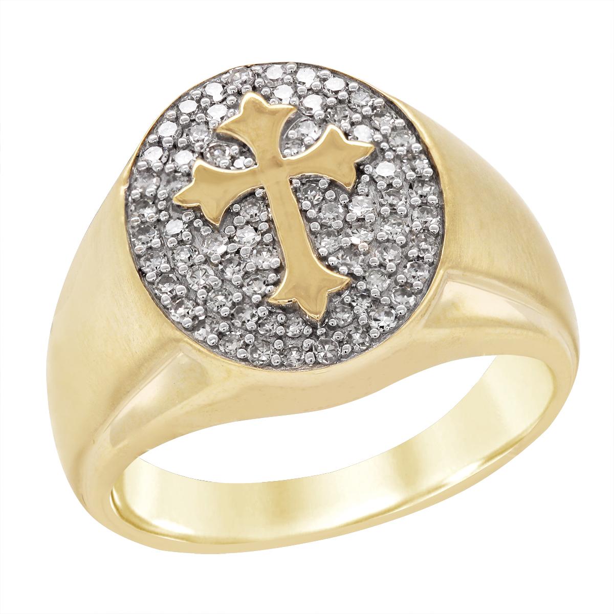 MEN'S YELLOW GOLD AND DIAMOND CROSS RING, .50 CT TW