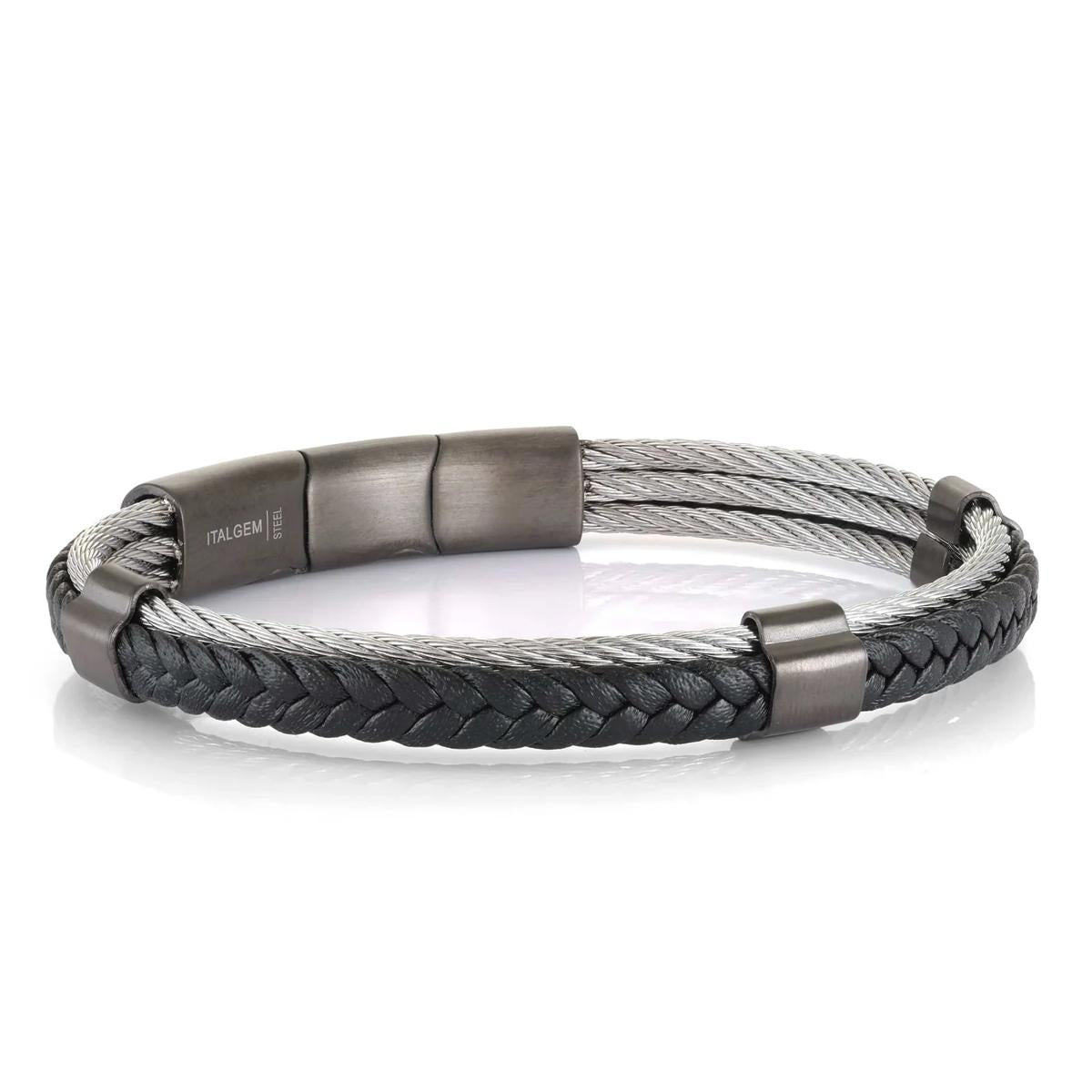 MEN&#39;S GUNMETAL STEEL AND LEATHER BRACELET