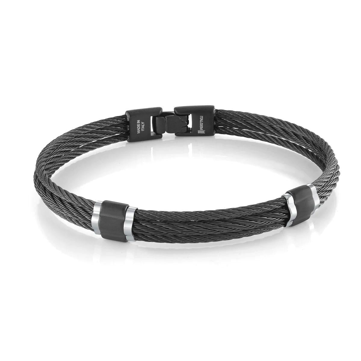 MEN&#39;S BLACK STEEL THREE ROW CABLE BANGLE BRACELET