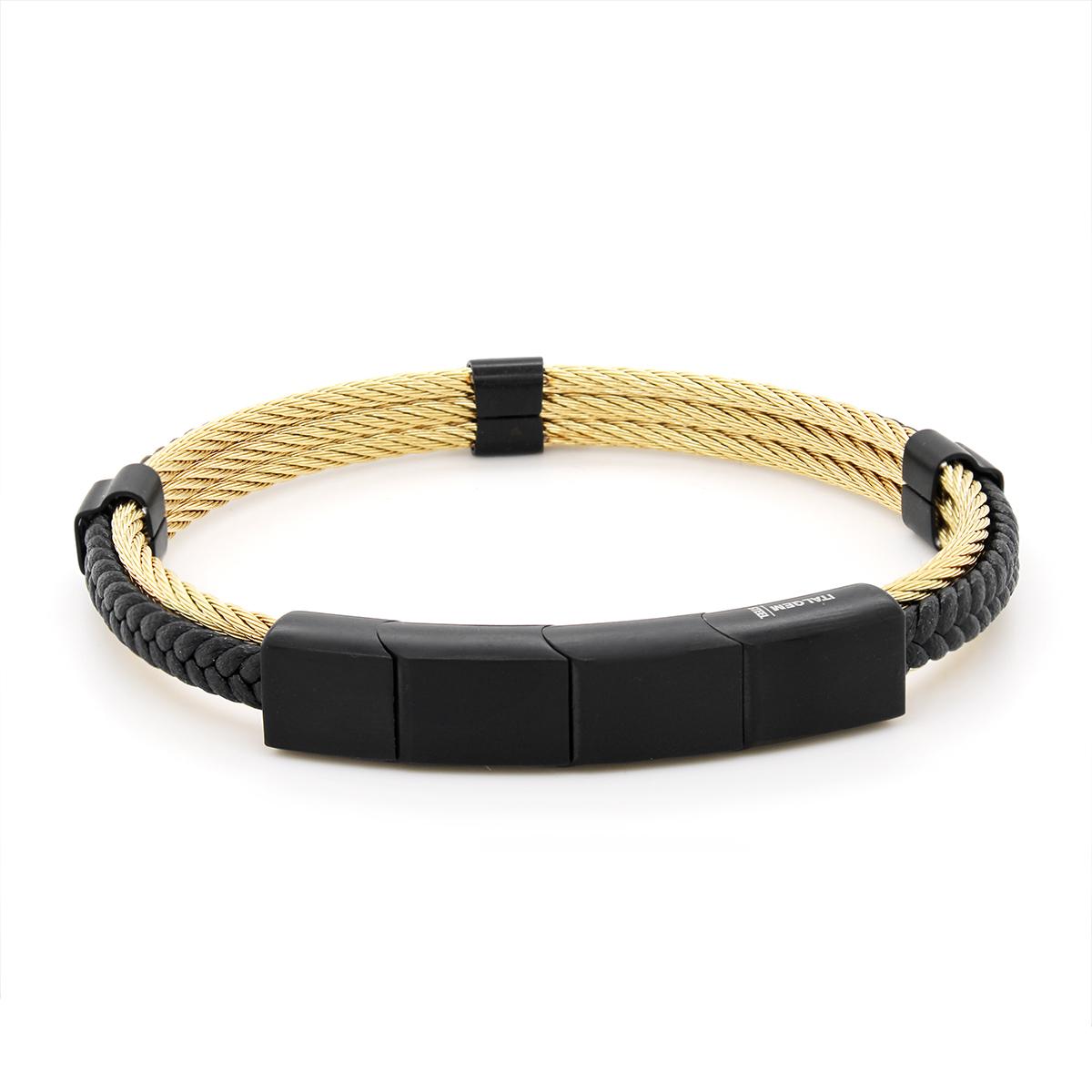 STAINLESS STEEL AND BLACK LEATHER BRACELET