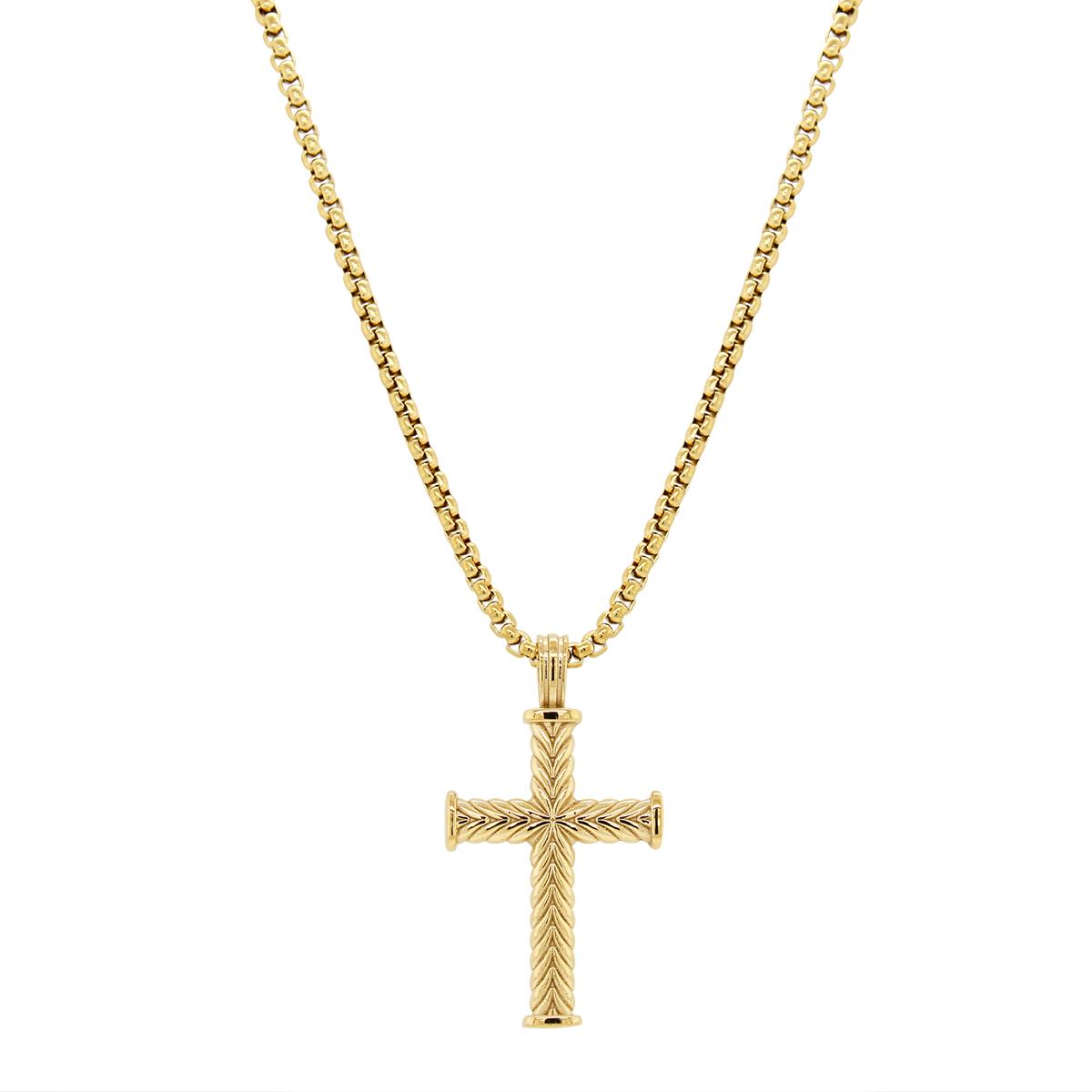 GOLD ION PLATED STEEL CROSS PENDANT NECKLACE