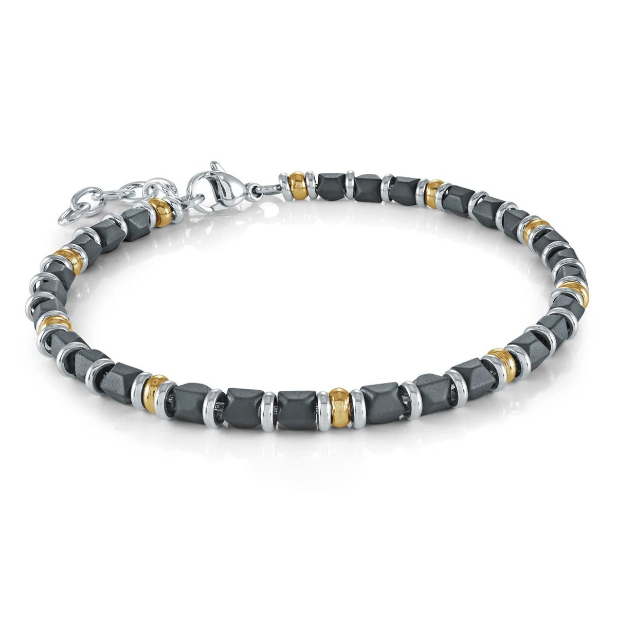 GOLD ION PLATED STEEL BLACK ONYX BEADED BRACELET