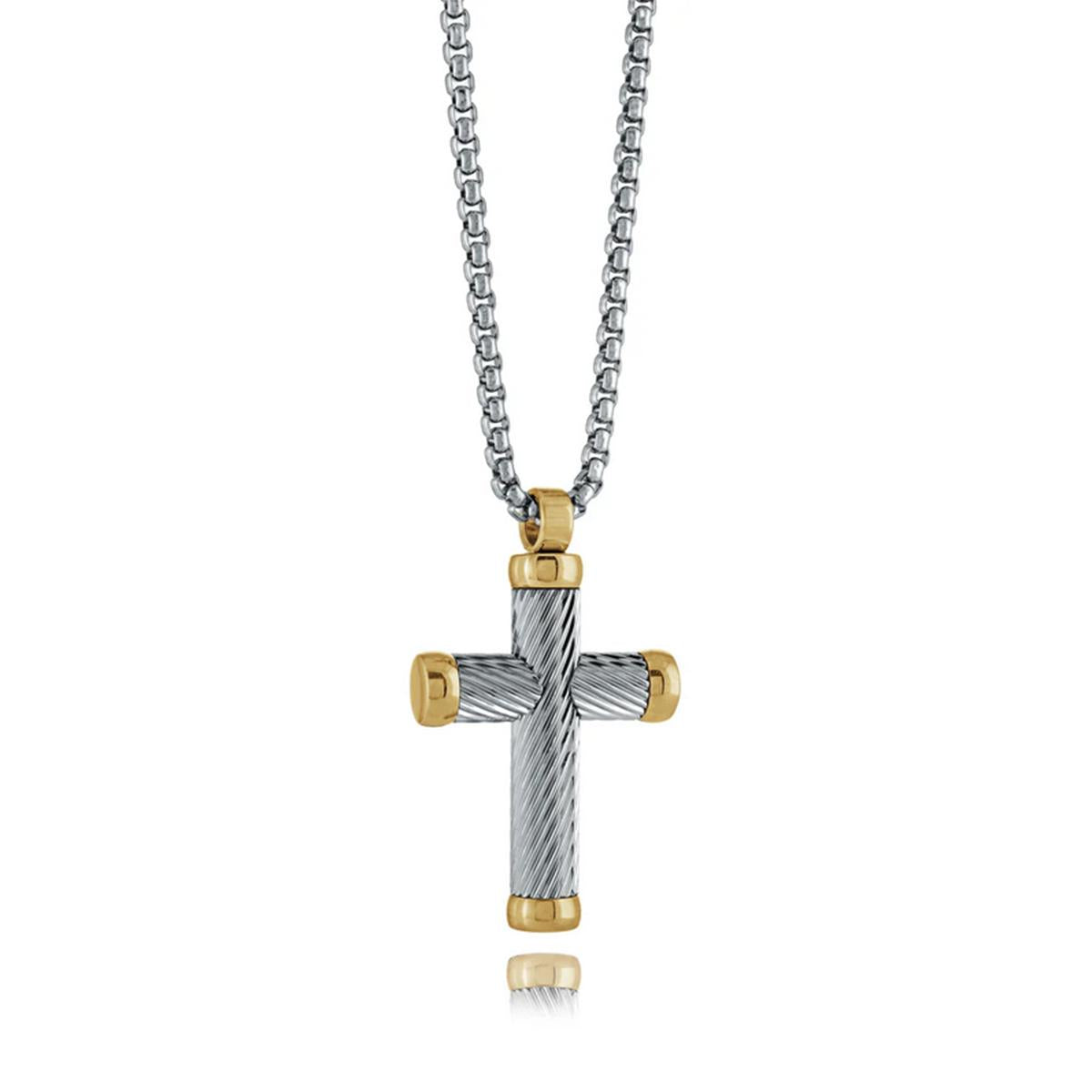 MEN'S TWO-TONE STEEL CROSS PENDANT NECKLACE