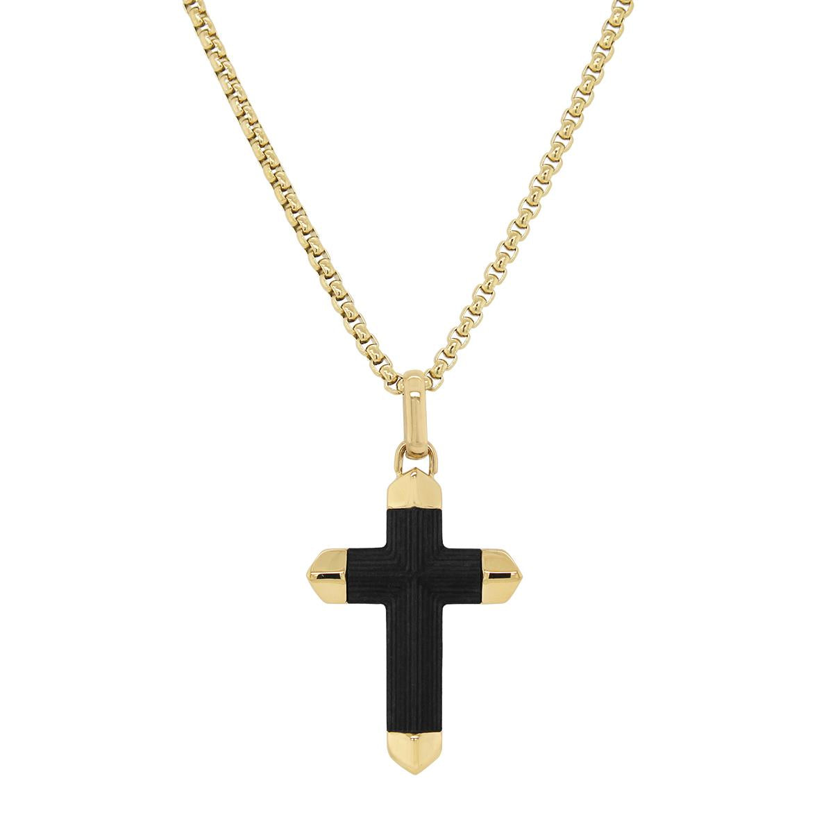 GOLD PLATED CROSS PENDANT WITH BLACK CARBON FIBER INLAY