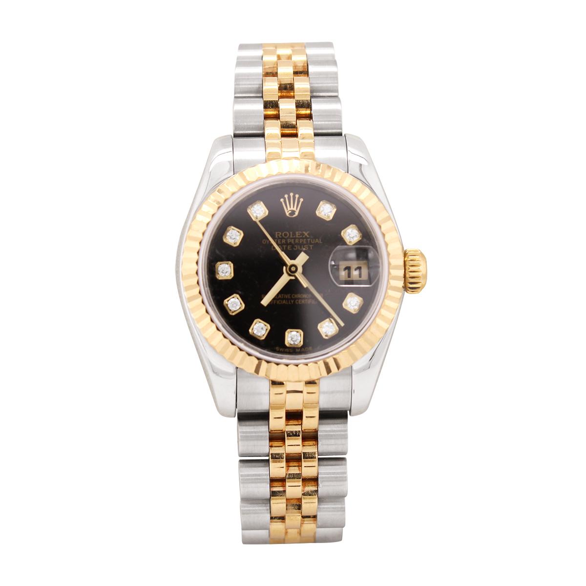 LADIES 2008 STEEL AND GOLD ROLEX DATEJUST WITH DIAMONDS, 1/10 CT TW