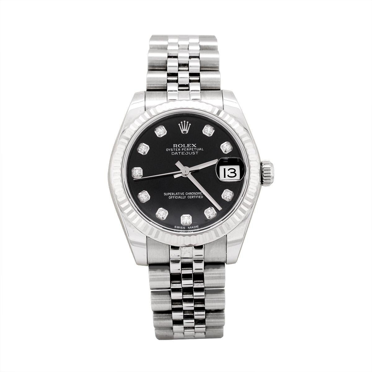 LADIES 2015 STAINLESS STEEL ROLEX DATEJUST WITH BLACK DIAL AND DIAMONDS, 31MM
