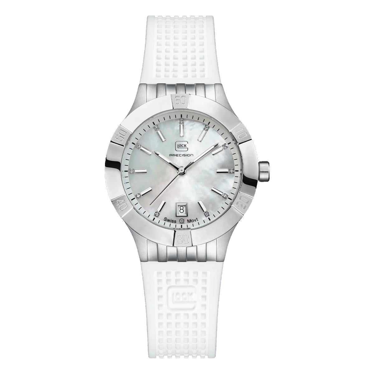 LADIES STAINLESS STEEL GLOCK WATCH WITH WHITE SILICONE STRAP, 36MM
