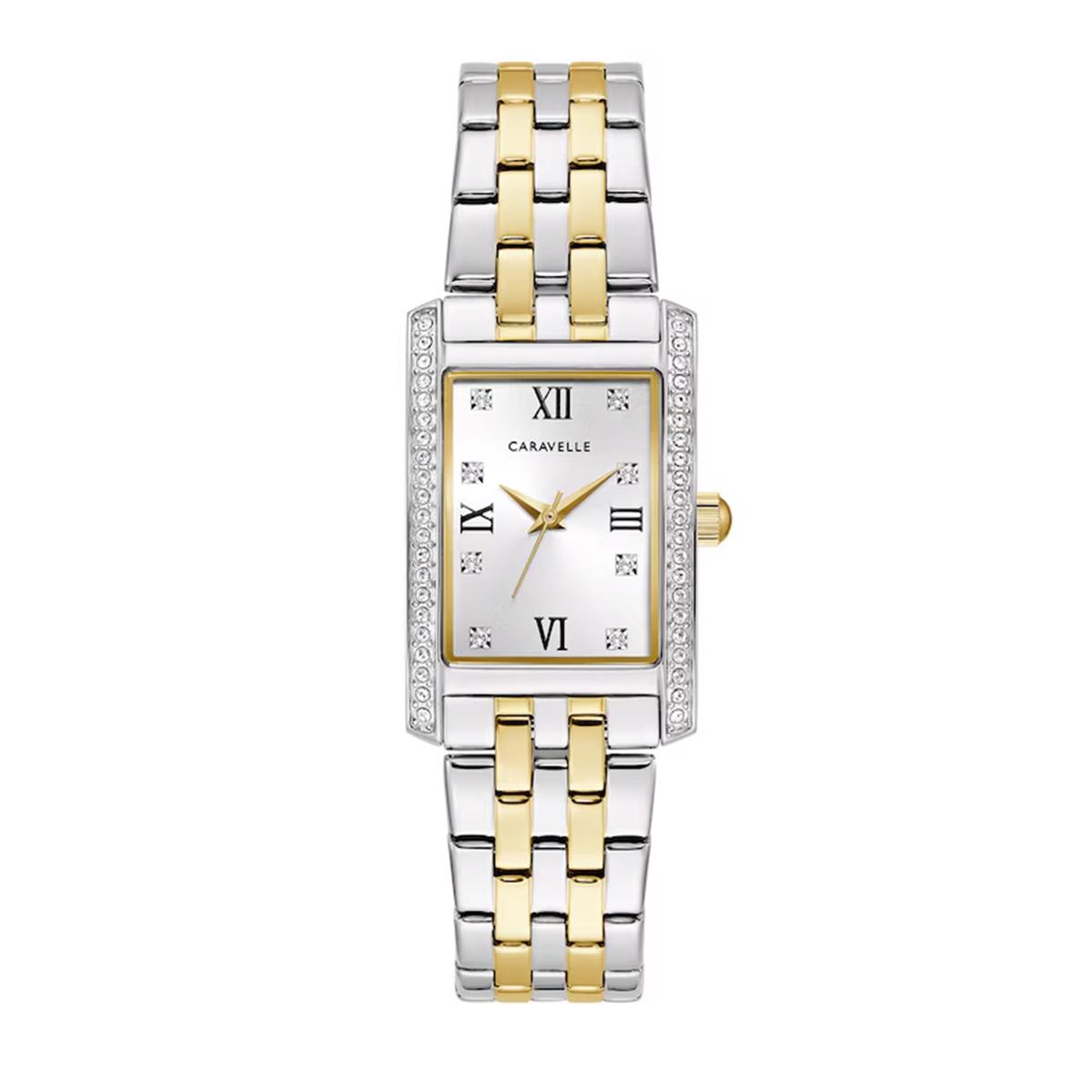 LADIES TWO-TONE STEEL RECTANGULAR DIAL CARAVELLE WATCH WITH CRYSTALS