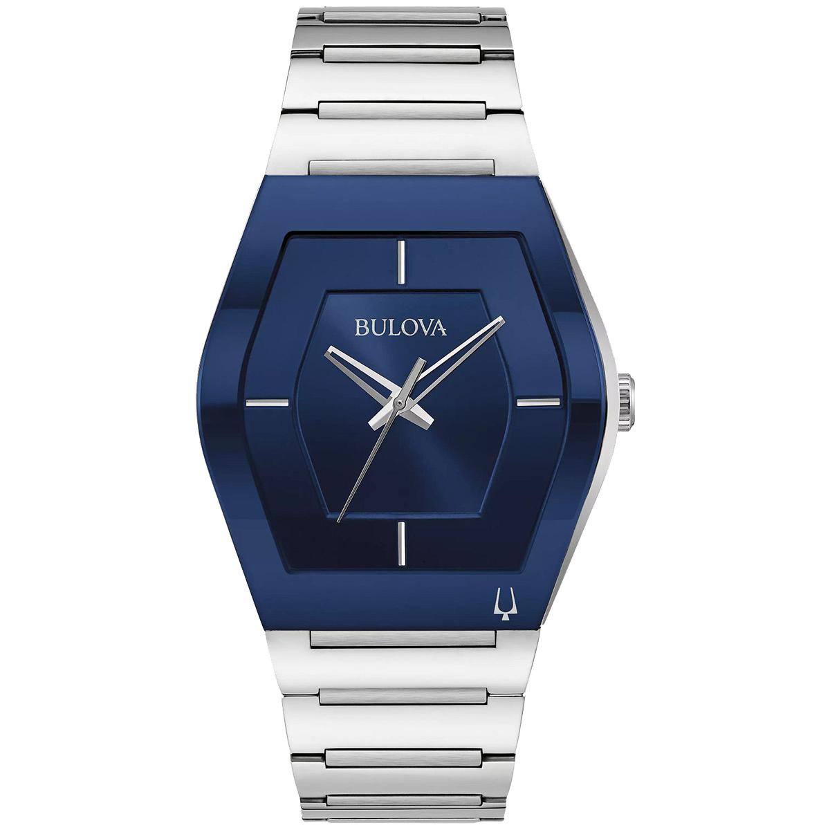 MEN&#39;S STAINLESS STEEL BULOVA GEMINI WATCH WITH BLUE DIAL