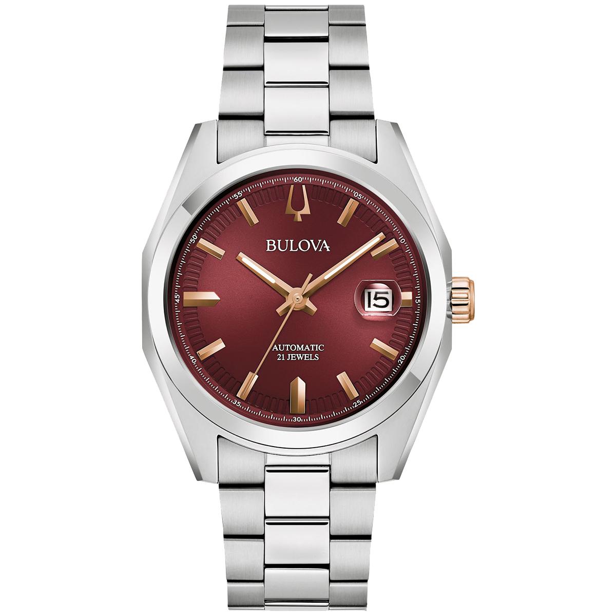 MEN&#39;S STAINLESS STEEL BULOVA SURVEYOR WATCH WITH BURGUNDY DIAL