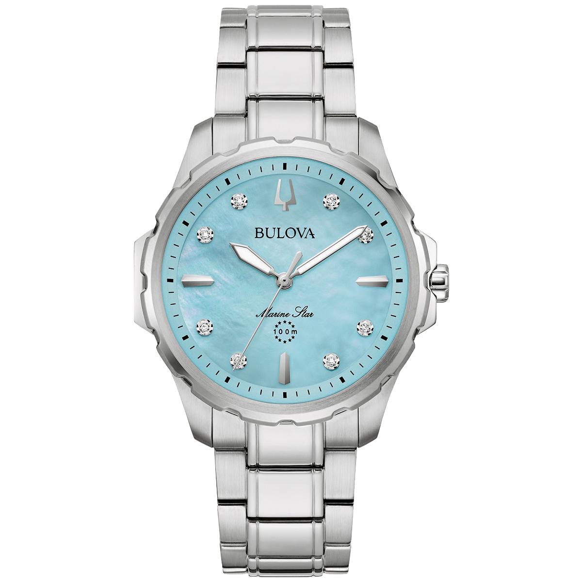 MEN&#39;S STAINLESS STEEL BULOVA MARINE STAR WATCH WITH BLUE MOTHER OF PEARL DIAL