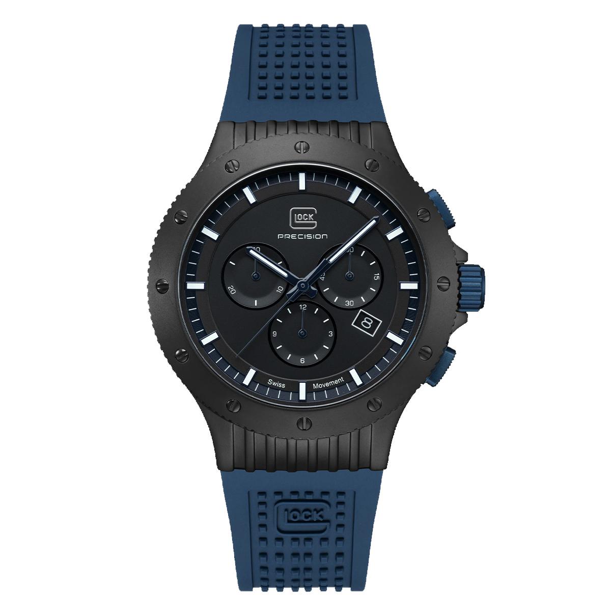 MEN&#39;S BLACK TITANIUM GLOCK WATCH WITH BLUE SILICONE STRAP, 44MM